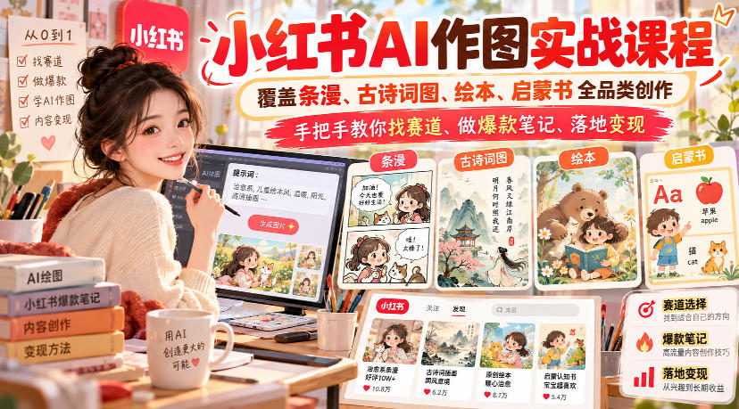 小红书AI作图实战课程，覆盖条漫、古诗词图、绘本、启蒙书全品类创作，手把手教你找赛道、做爆款笔记、落地变现(更新1017)-藏宝阁