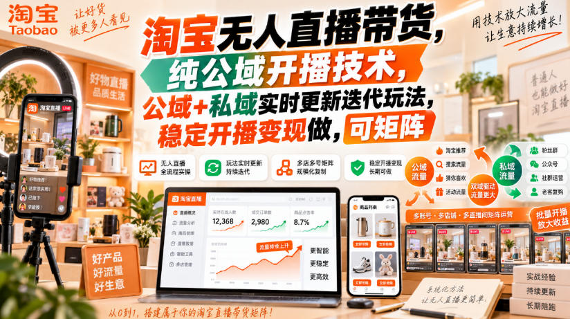 淘宝无人直播带货，纯公域开播技术，公域+私域实时更新迭代玩法，稳定开播变现做，可矩阵【揭秘】-藏宝阁