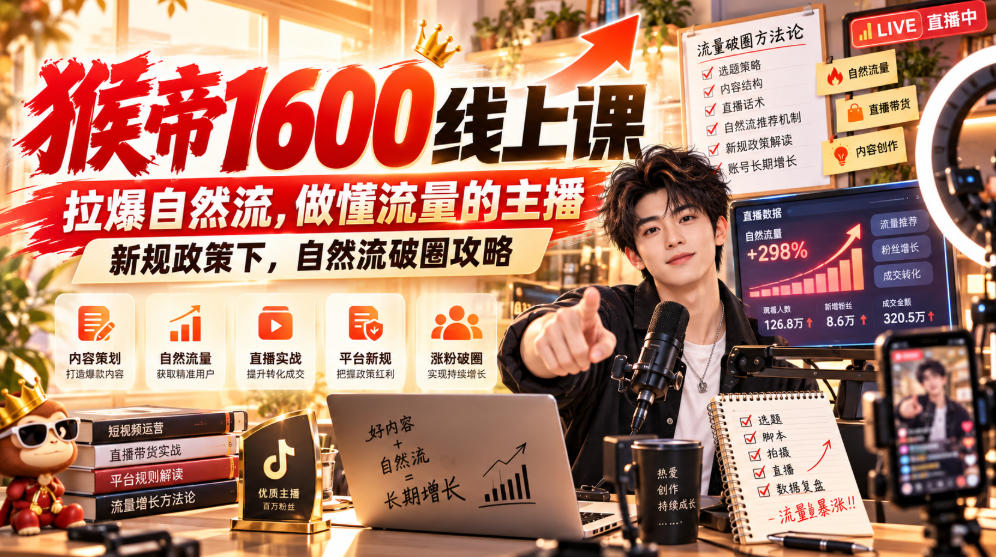 猴帝1600线上课，拉爆自然流，做懂流量的主播，新规政策下，自然流破圈攻略【更新261017】-藏宝阁