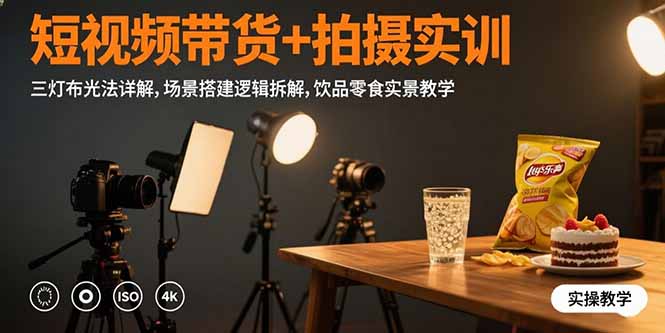 短视频带货+拍摄实训：三灯布光法详解,场景搭建逻辑拆解,饮品零食实景教学-藏宝阁