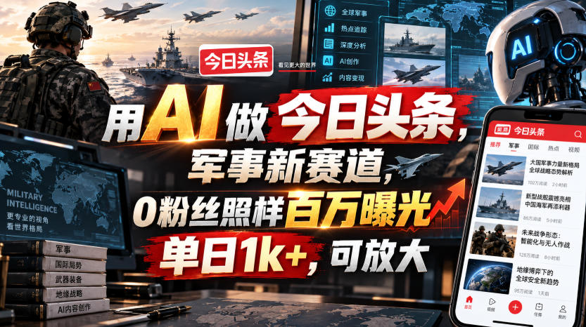 用AI做今日头条，军事新赛道，0粉丝照样百万曝光，单日1k+，可放大-藏宝阁