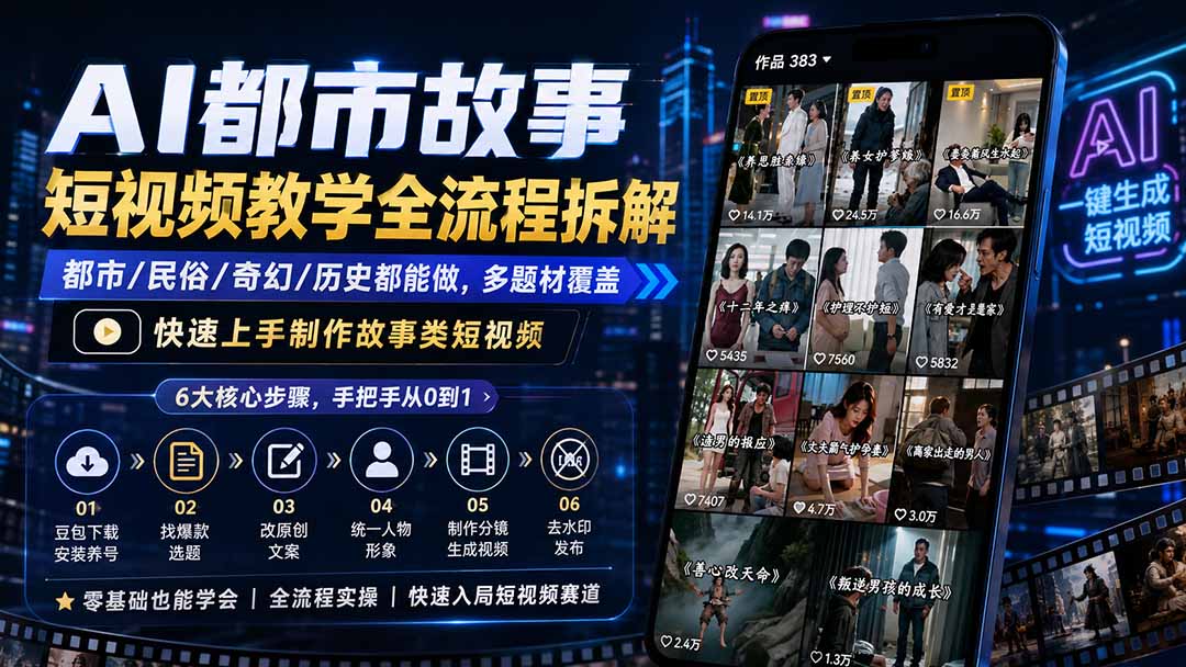AI都市故事短视频教学全流程拆解；都市/民俗/奇幻/历史都能做多题材覆盖，快速上手制作故事类短视频-藏宝阁