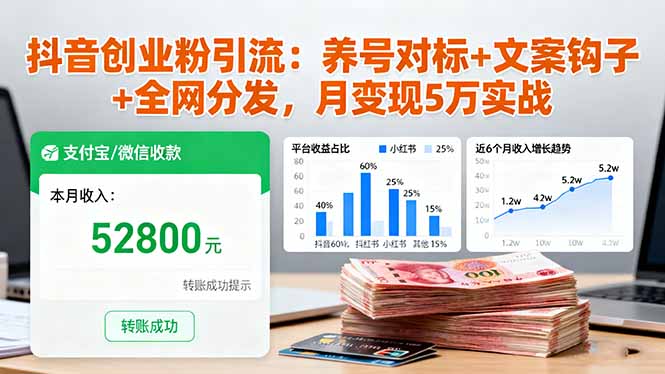 抖音创业粉引流：养号对标+文案钩子+全网分发，月变现5万实战-藏宝阁