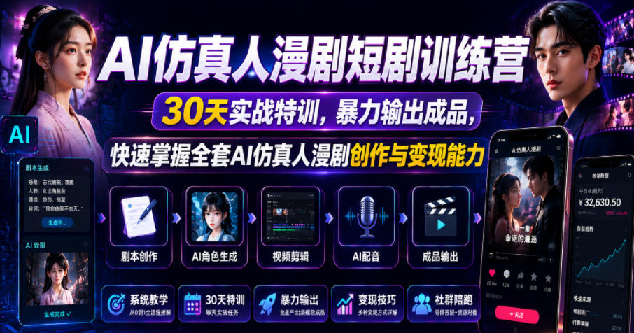 AI仿真人漫剧短剧训练营，30天实战特训，暴力输出成品，快速掌握全套AI仿真人漫剧创作与变现能力-藏宝阁