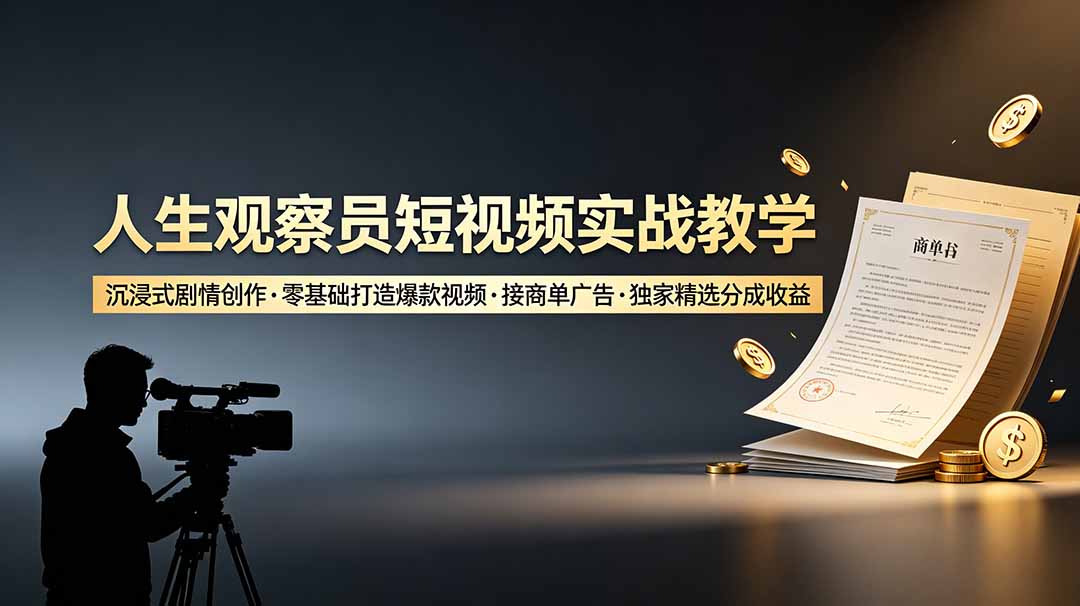 人生观察员短视频实战教学，沉浸式剧情创作，零基础打造爆款视频，接商单广告，独家精选分成收益-藏宝阁