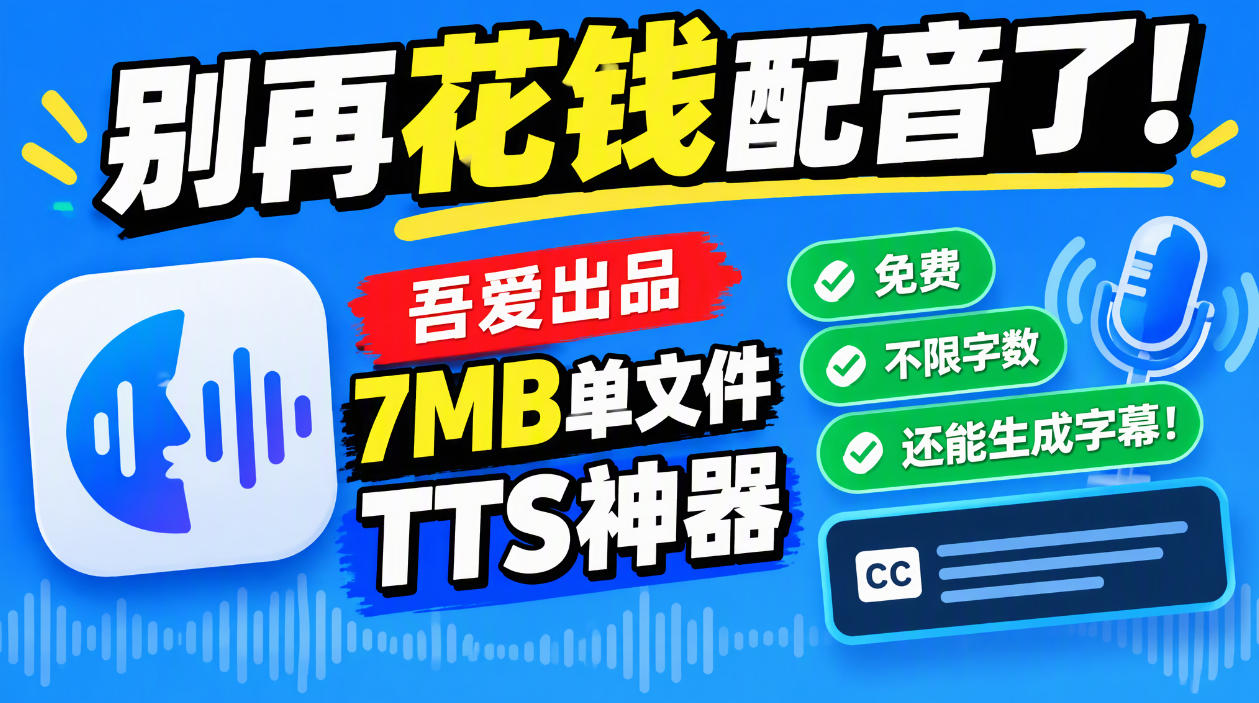 别再花钱配音了！吾爱出品7MB单文件TTS神器，免费不限字数还能生成字幕！-藏宝阁