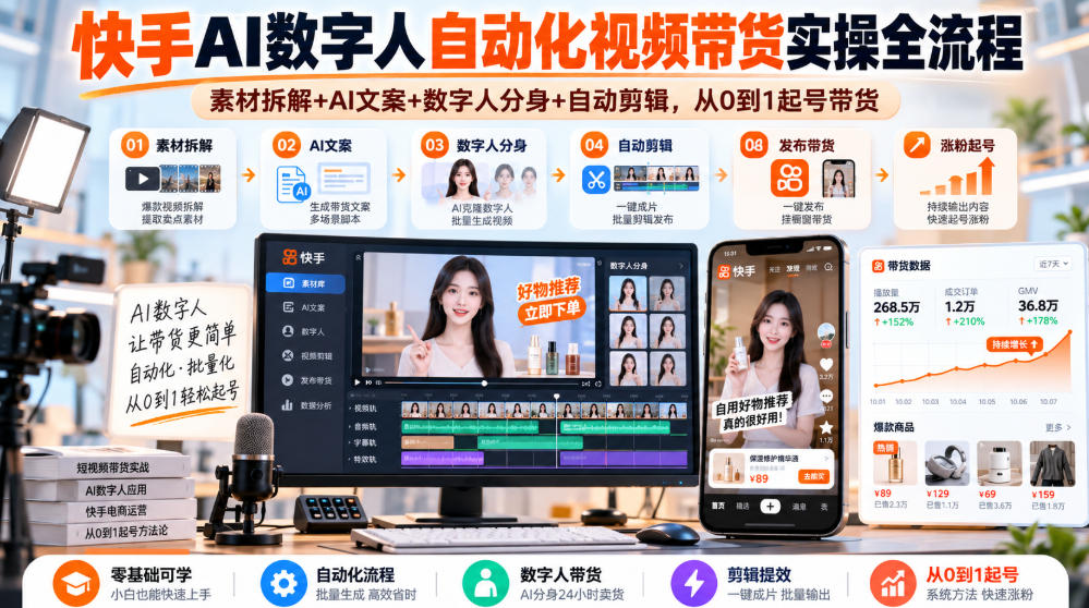 快手AI数字人自动化视频带货实操全流程｜素材拆解+AI文案+数字人分身+自动剪辑，从0到1起号带货(更新26年)-藏宝阁