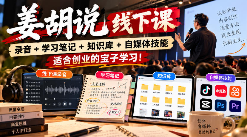 姜胡说线下课录音＋学习笔记＋知识库＋自媒体技能，​适合创业的宝子学习！-藏宝阁