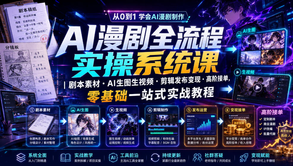 AI漫剧全流程实操系统课｜剧本素材・AI生图生视频・剪辑发布变现・高阶接单，零基础一站式实战教程-藏宝阁