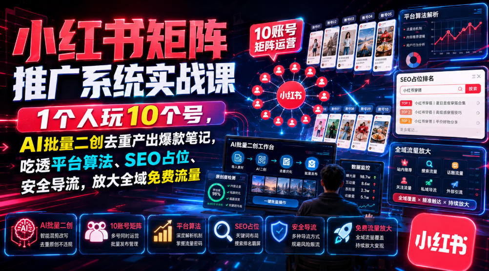 小红书矩阵推广系统实战课｜1个人玩10个号，AI批量二创去重产出爆款笔记，吃透平台算法、SEO占位、安全导流，放大全域免费流量-藏宝阁