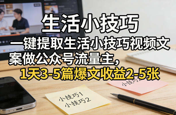 一键提取生活小技巧视频文案做公众号流量主，1天3-5篇爆文收益2-5张-藏宝阁