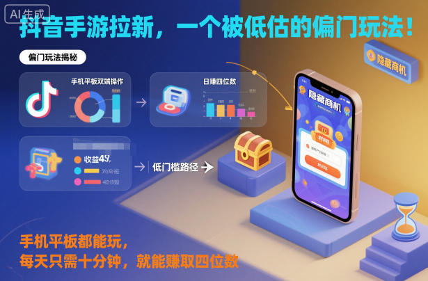 抖音手游拉新，一个被低估的偏门玩法！手机平板都能玩，每天只需十分钟，就能賺取四位数【揭秘】-藏宝阁