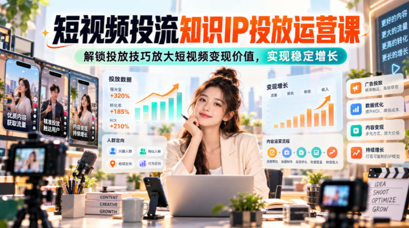 短视频投流知识IP投放运营课，解锁投放技巧放大短视频变现价值，实现稳定增长-藏宝阁