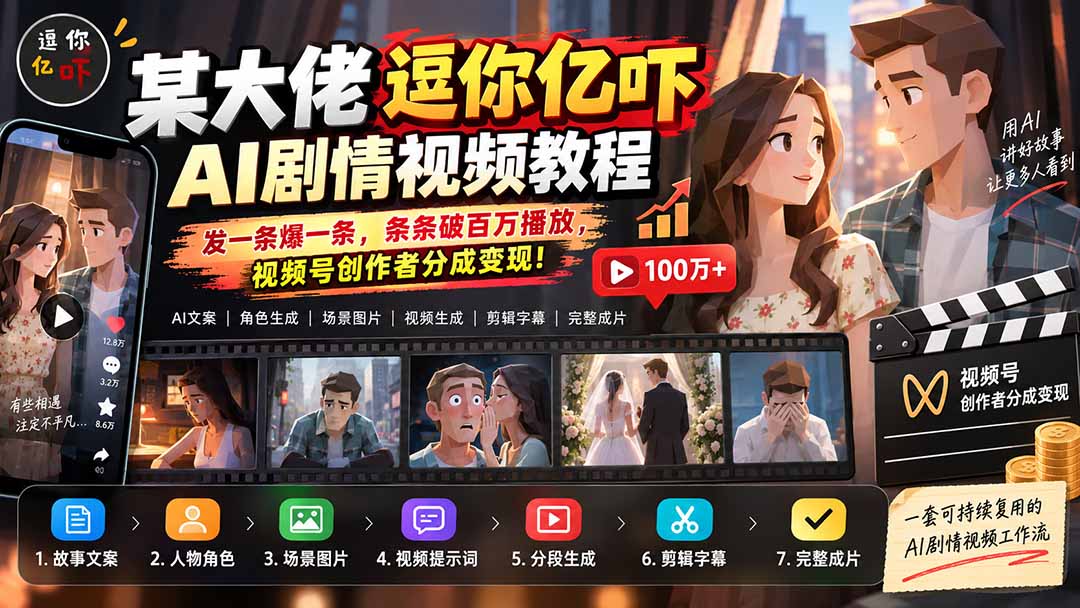 某大佬逗你亿吓AI低模剧情视频制作教程：发一条爆一条，条条破百万播放，利用视频号创作者分成变现!-藏宝阁