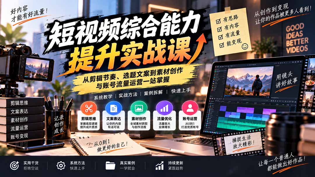 短视频综合能力提升实战课：从剪辑节奏、选题文案到素材创作与账号流量运营一站掌握-藏宝阁