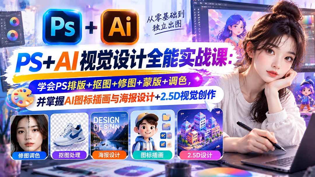 【无水印】PS+AI视觉设计全能实战课：学会PS排版+抠图+修图+蒙版+调色，并掌握AI图标插画与海报设计+2.5D视觉创作-藏宝阁