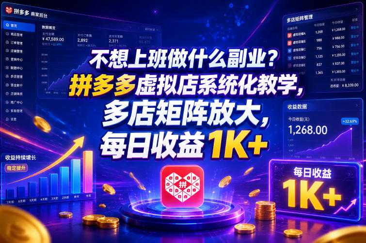 不想上班做什么副业？拼多多虚拟店系统化教学，多店矩阵放大，每日收益1K+【揭秘】-藏宝阁