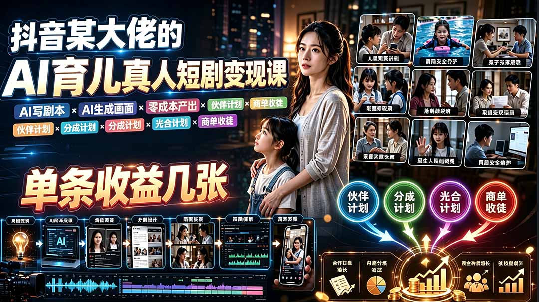 AI育儿真人短剧变现课：AI写剧本×AI生成画面×零成本产出×伙伴计划×分成计划×光合计划×商单收徒-藏宝阁