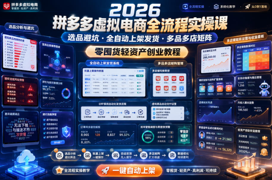 2026拼多多虚拟电商全流程实操课，选品避坑・全自动上架发货・多品多店矩阵，零囤货轻资产创业教程-藏宝阁