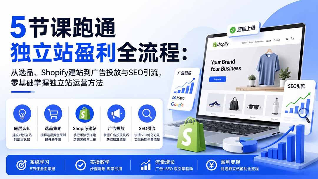 图片[1]-5节课跑通独立站盈利全流程：从选品、Shopify建站到广告投放与SEO引流，零基础掌握独立站运营方法-藏宝阁