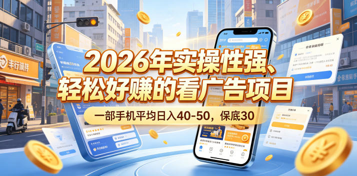 2026年实操性强、轻松好賺的看广告项目，一部手机平均日入40-50，保底30米【揭秘】-藏宝阁