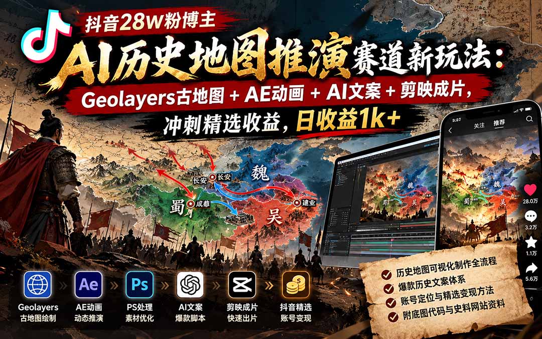 抖音28W粉博主AI历史地图推演赛道新玩法：Geolayers古地图+AE动画+AI文案+剪映成片，冲刺精选收益，日收益1k+-藏宝阁