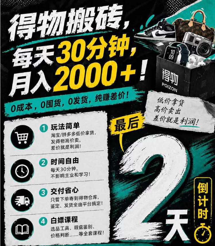 得物搬砖，0成本起步每天30分钟，月入2000+，0成本，0囤货，0发货，纯賺差价-藏宝阁