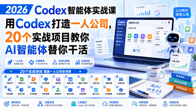 2026 Codex智能体实战课，用Codex打造一人公司，20个实战项目教你AI智能体替你干活-藏宝阁