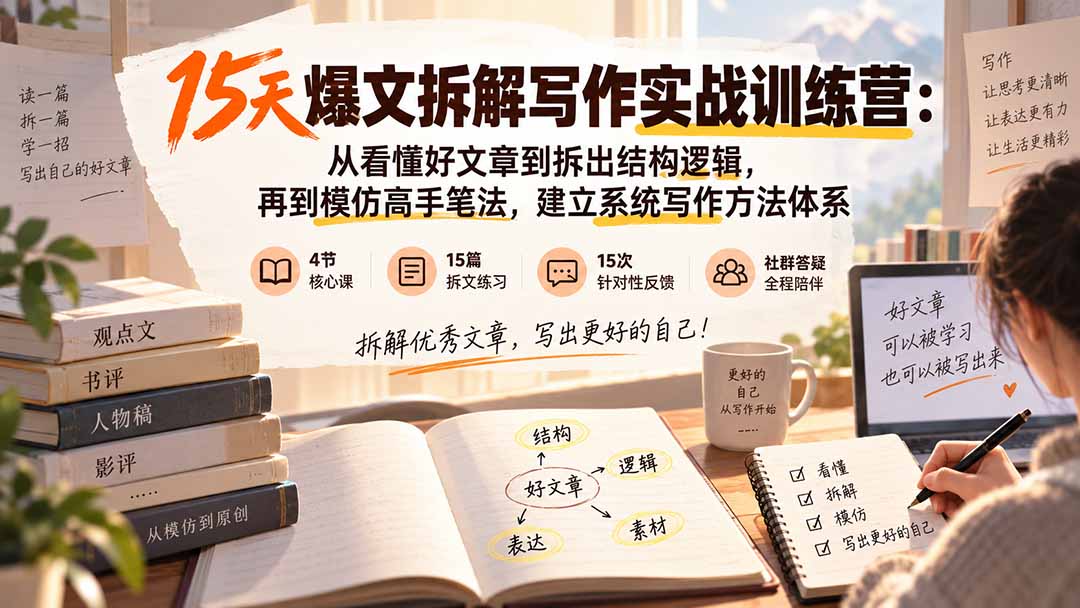 15天爆文拆解写作实战训练营：从看懂好文章到拆出结构逻辑，再到模仿高手笔法，建立系统写作方法体系-藏宝阁