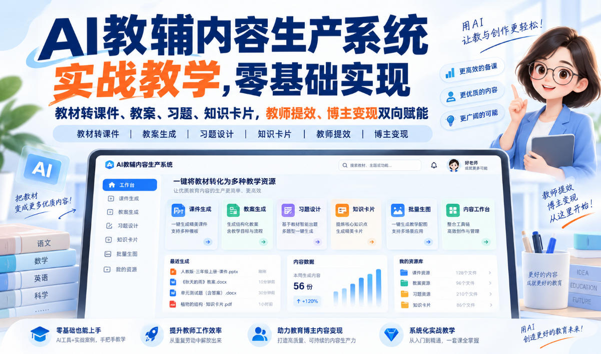 AI教辅内容生产系统实战教学，零基础实现教材转课件、教案、习题、知识卡片，教师提效、博主变现双向赋能-藏宝阁