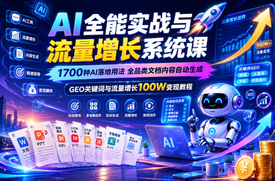 AI全能实战与流量增长系统课，1700种AI落地用法，全品类文档内容自动生成，GEO关键词与流量增长100W变现教程-藏宝阁