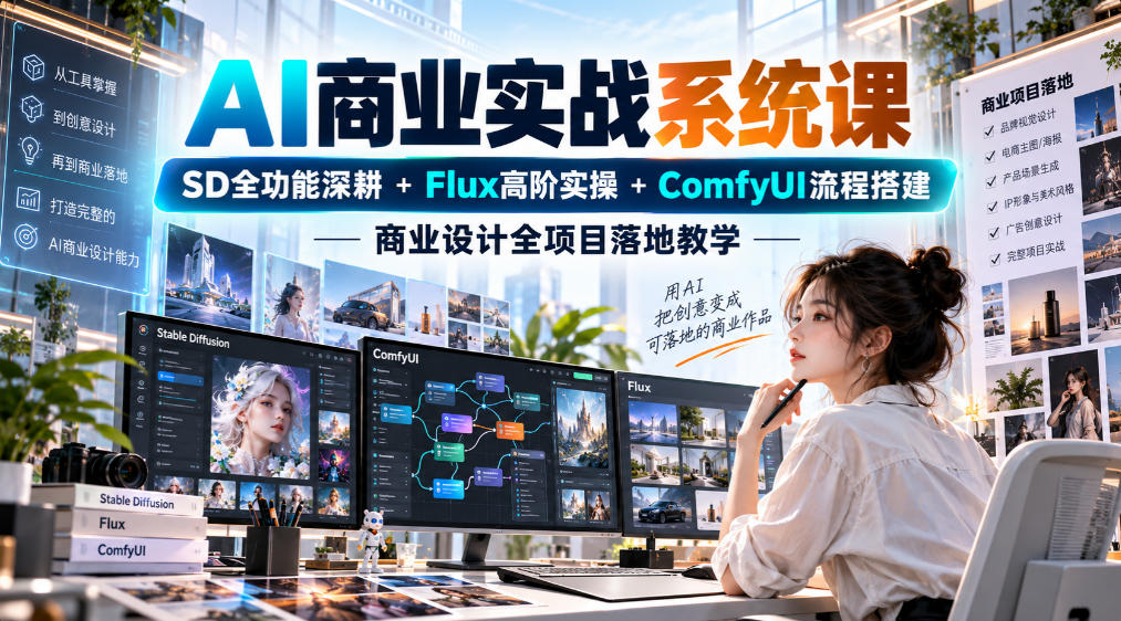 AI商业实战系统课｜SD全功能深耕+Flux高阶实操+Comfyui流程搭建，商业设计全项目落地教学-藏宝阁