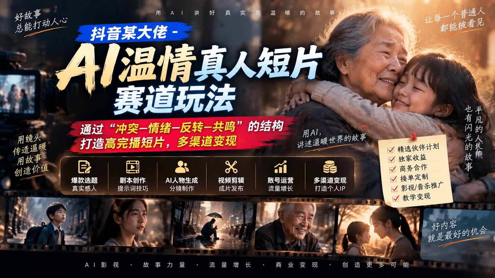 抖音某大佬-AI温情真人短片赛道玩法：通过“冲突—情绪—反转—共鸣”的结构打造高完播短片，多渠道变现-藏宝阁