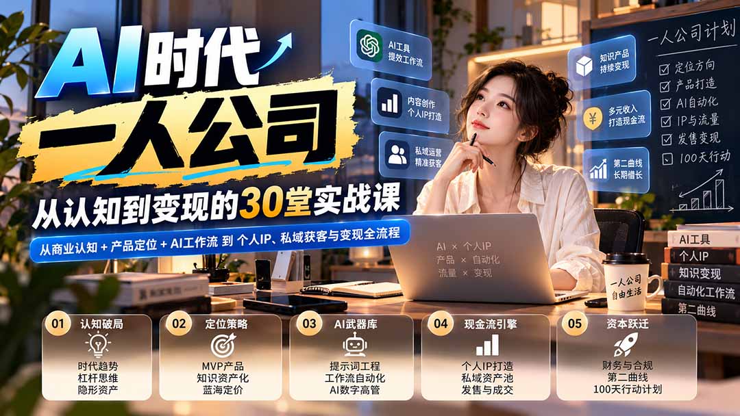 【无水印】AI时代一人公司30堂实战课：从商业认知+产品定位+AI工作流到个人IP、私域获客与变现全流程-藏宝阁