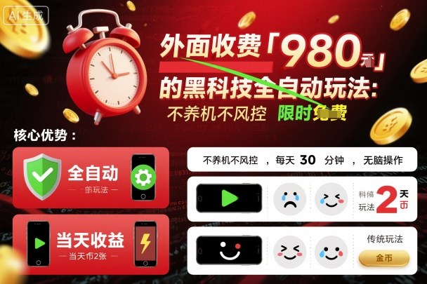 外面收费980的黑科技全自动玩法，不养机不风控，每天30分钟，无脑操作，当天收益2张【揭秘】-藏宝阁