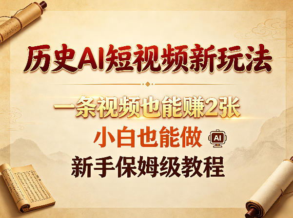 历史AI短视频新玩法，一条视频也能賺2张，小白也能做，新手保姆级教程-藏宝阁