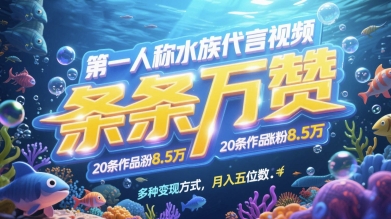 第一人称水族代言视频，条条万赞，20条作品涨粉7.8W，多种变现方式月入五位数-藏宝阁